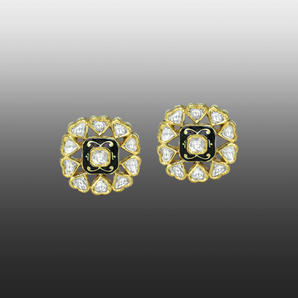 Polki Stud Earrings with Black Enamel and Teardrop Halo